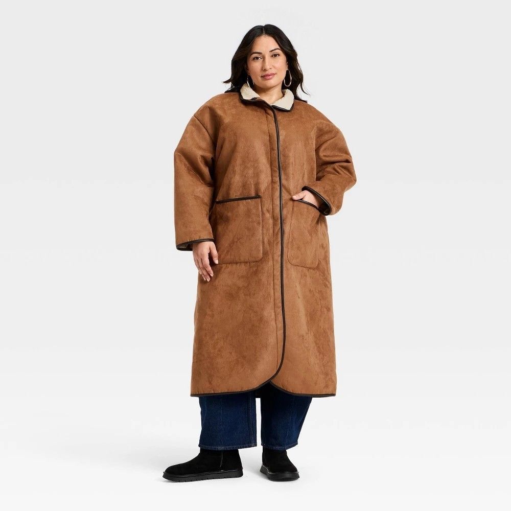 Women's Faux Suede Long Coat - Universal Thread Tan XXL